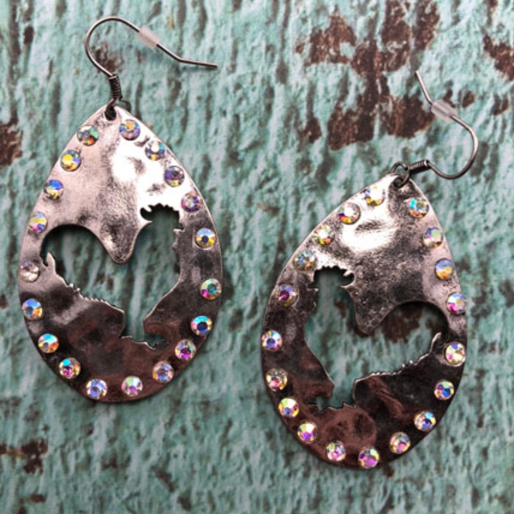 Western Silver Tone Metal Chicken Bling Earrings